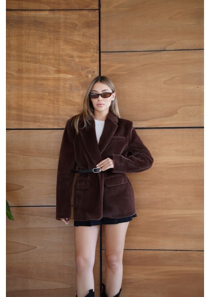 Suni Kürk Uzun Kollu Astarlı Blazer Ceket Kışlık Şık Kadın Peluş Ceket modelleri
