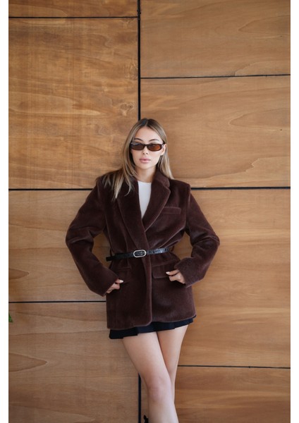 Suni Kürk Uzun Kollu Astarlı Blazer Ceket Kışlık Şık Kadın Peluş Ceket