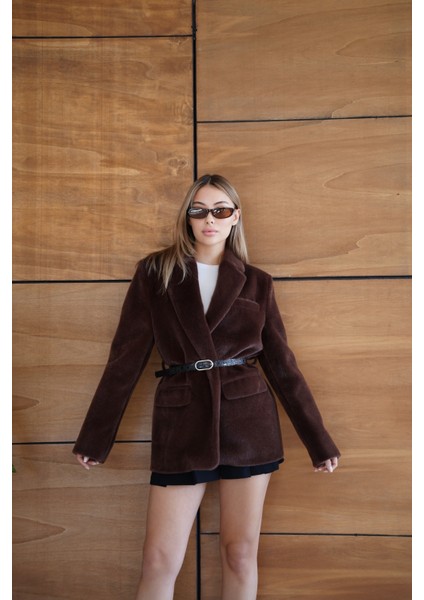 Suni Kürk Uzun Kollu Astarlı Blazer Ceket Kışlık Şık Kadın Peluş Ceket