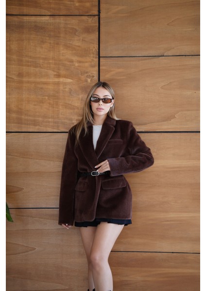 Suni Kürk Uzun Kollu Astarlı Blazer Ceket Kışlık Şık Kadın Peluş Ceket