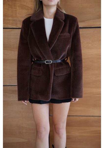 Suni Kürk Uzun Kollu Astarlı Blazer Ceket Kışlık Şık Kadın Peluş Ceket