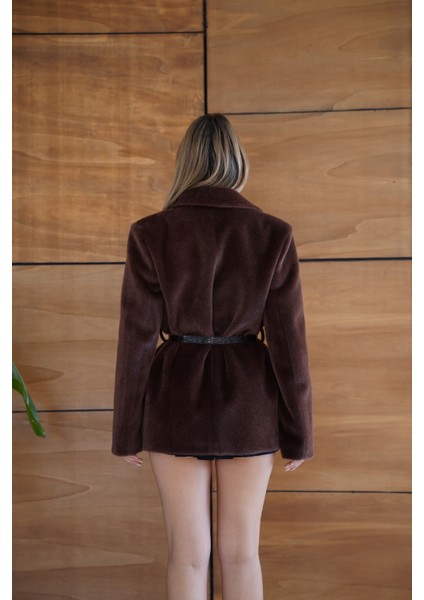 Suni Kürk Uzun Kollu Astarlı Blazer Ceket Kışlık Şık Kadın Peluş Ceket