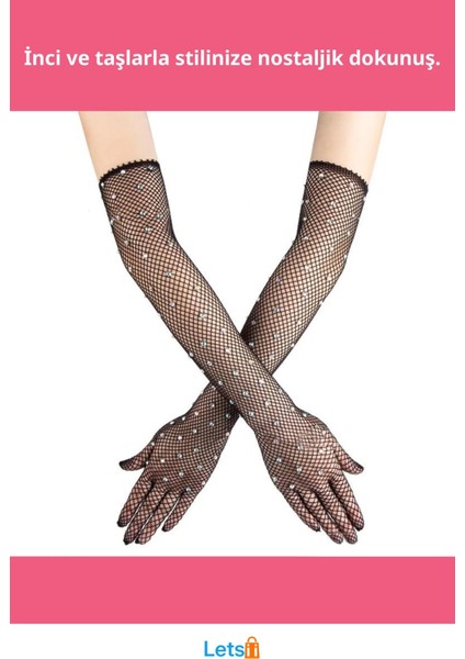 Siyah Incili Elmas File Örgü Uzun Eldiven fiyatları