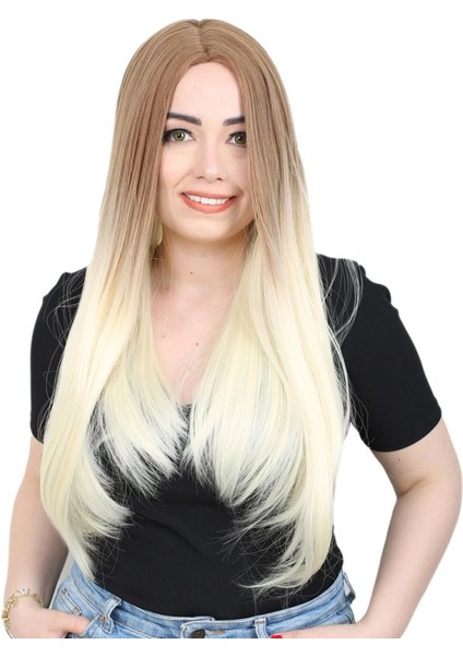 Fiber Sentetik Uzun Düz Peruk - Balköpüğü / Platin Ombreli