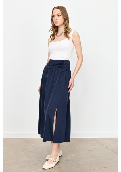 Büzgü Detay Yüksek Bel Uzun Etek-Lacı