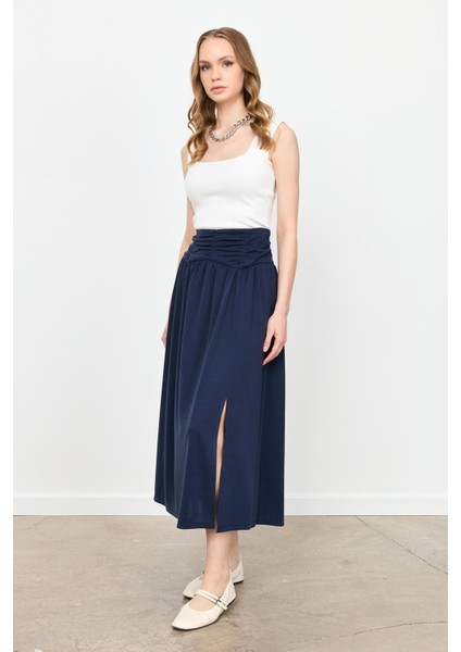 Büzgü Detay Yüksek Bel Uzun Etek-Lacı