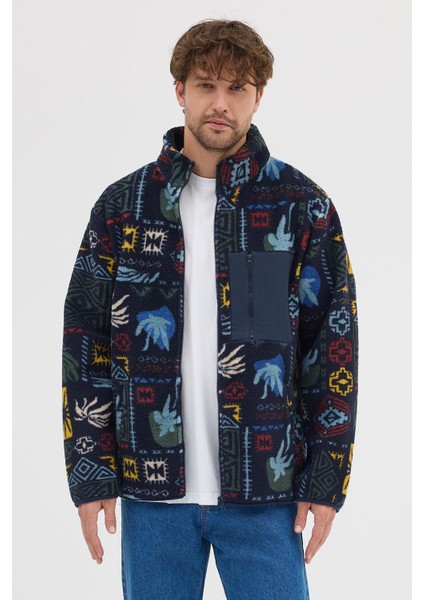 Erkek Baskılı Suni Yün Sherpa Lacivert Ceket