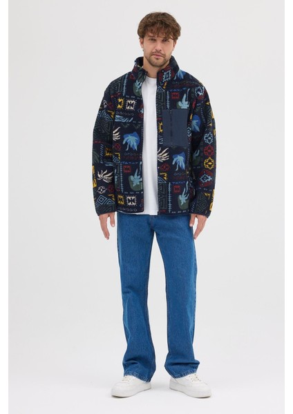 Erkek Baskılı Suni Yün Sherpa Lacivert Ceket modelleri