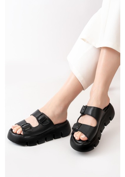 Kadın Çift Bantlı Kalın Taban Ortopedik Terlik Siyah fiyatları