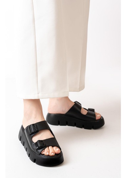 Kadın Çift Bantlı Kalın Taban Ortopedik Terlik Siyah modelleri