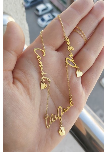 925 Ayar Gümüş 24 Ayar Altın Kaplama 3 Isimli Kalpli Kolye