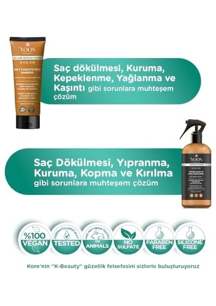 Yoon 3&apos;lü Premium Uzun Süren Saç Düzleştirici & Saç Botoxu Kiti, Sülfatsız Tuzsuz Şampuan 250ML, Elektriklenme Önleyici, Kolay Tarama Saç Spreyi 250ML Saç Bakım Seti