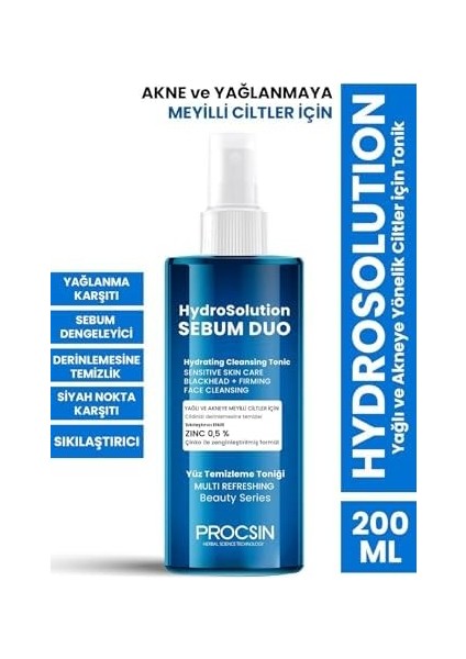 Procsın Hydro Solution Tonik, Gözenek Sıkılaştırıcı & Cilt Yenileyici, Derinlemesine Temizlik & Nem Desteği, Canlandırıcı & Arındırıcı Formül, 200 ml