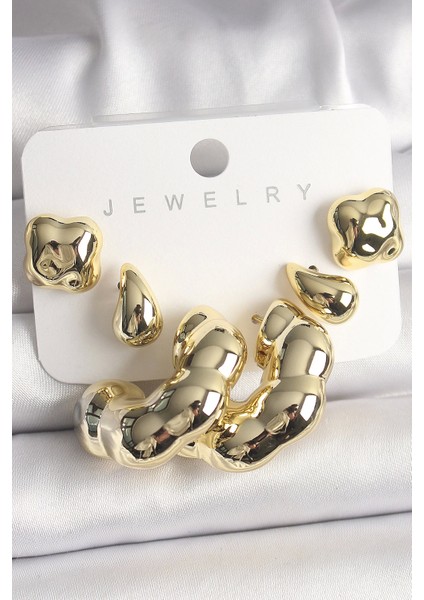 Bfs Gold Renk Yonca Damla Halka Model Ccb Plastik Kadın Küpe Seti