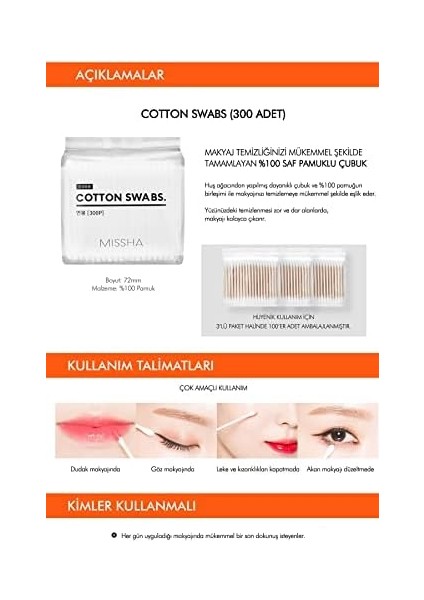 Mıssha Çift Taraflı Yüzde Yüz Saf Pamuklu Çubuk Cotton Swabs 300 Adet fiyatları