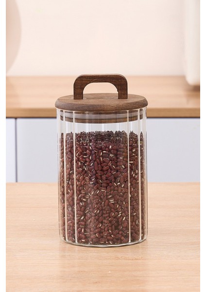 Borosilikat Cam Optik Çizgili Akasya Kapaklı Kavanoz Zahire 2450 ml