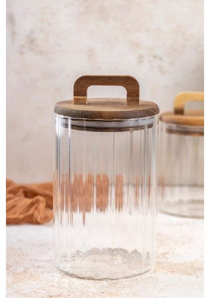 Borosilikat Cam Optik Çizgili Akasya Kapaklı Kavanoz Zahire 2450 ml modelleri