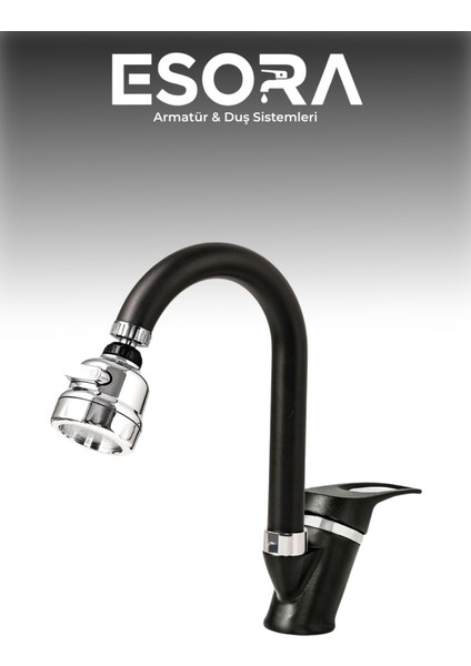 Siyah Krom Baston Lavabo Bataryası Filtreli Oynar Başlıklı Banyo Musluğu Çeşmesi Çift Su Girişli