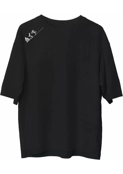 Unisex Bisiklet Yaka Baskılı Oversize T-Shirt - Siyah