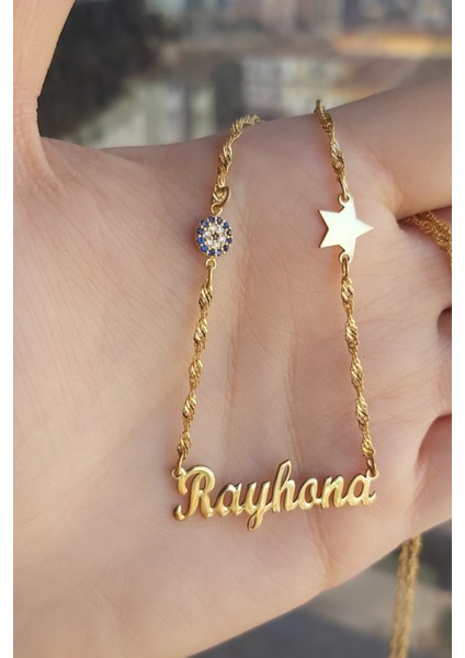925 Ayar Gümüş 24 Ayar Altın Kaplama Nazar Boncuklu ve Yıldız Figürlü Isimli Kolye