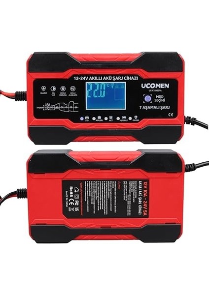 10A LED Göstergeli Akü Şarj Cihazı, Jel Asitli Sulu Kuru Kurşun Akülere Uygun, Takviye Yapamamaktadır, Kırmızı, Ucomen, fiyatları