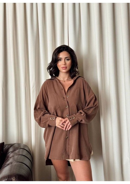 Kadın Kahverengi Oversize Salaş Uzun Kollu Gömlek – Rahat Kesim Şık Günlük Gömlek fiyatları