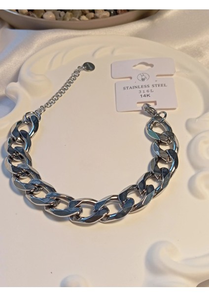 Silver Renk Çelik Kalın Zincir Detaylı Bileklik