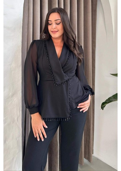 Büyük Beden Siyah Şifon Kollu Boncuk Işlemeli Asimetrik Ceket Bluz 024B