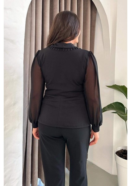 Büyük Beden Siyah Şifon Kollu Boncuk Işlemeli Asimetrik Ceket Bluz 024B modelleri