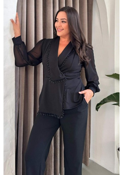 Büyük Beden Siyah Şifon Kollu Boncuk Işlemeli Asimetrik Ceket Bluz 024B fırsatları