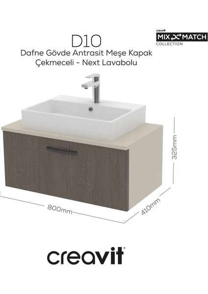 D10 Next Lavabo Dolabı Çekmeceli 80 cm Dafne Gövde Antrasit Meşe Kapak