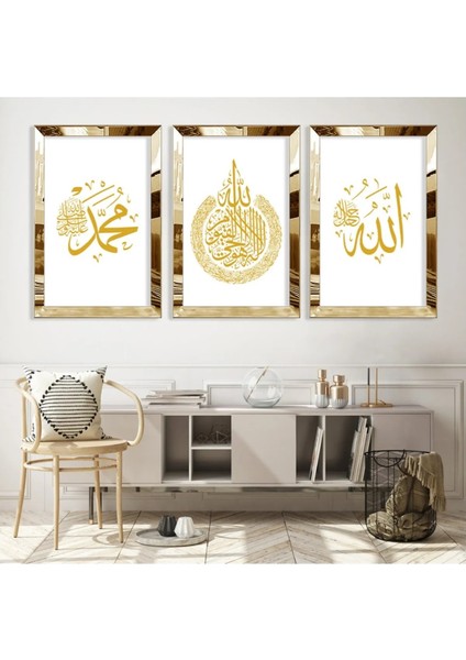 Allah ve Hz Muhammed Dini Islami Gold Pleksi Çerçeveli Kenar 3'lü Mdf Poster