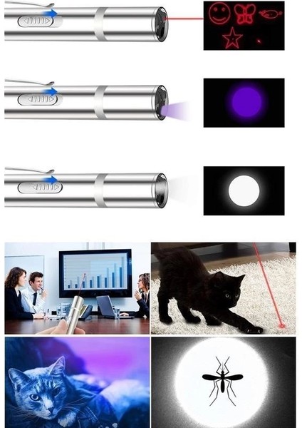 USB Ile Şarj Edilebilen 3ın 1 Kırmızı Işık +Beyaz LED Meşale Işık + Uv El Feneri Kedi Lazeri
