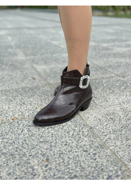 Marseil Kroko Desenli Kadın Deri Bot Taş Tokalı Şık Büyük Numara