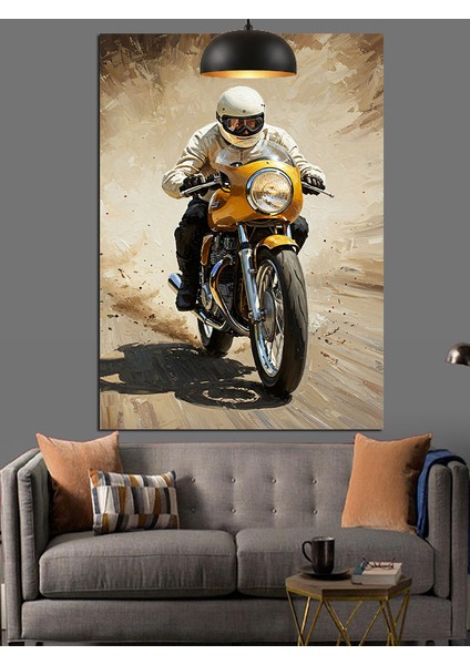 Sokakta Deri Ceketli Motorsiklet Süren Adam Dekoratif Kanvas - Mdf Ahşap Tablo