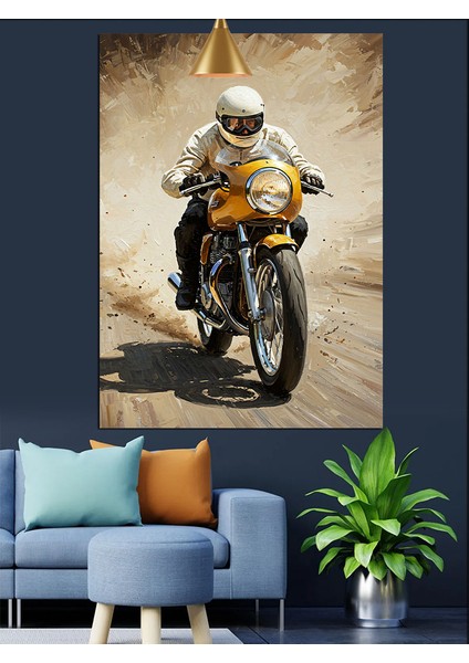 Sokakta Deri Ceketli Motorsiklet Süren Adam Dekoratif Kanvas - Mdf Ahşap Tablo fiyatları