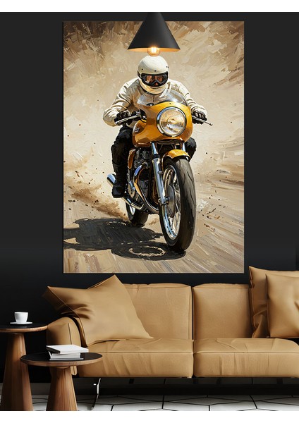 Sokakta Deri Ceketli Motorsiklet Süren Adam Dekoratif Kanvas - Mdf Ahşap Tablo modelleri
