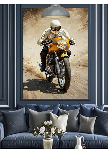 Sokakta Deri Ceketli Motorsiklet Süren Adam Dekoratif Kanvas - Mdf Ahşap Tablo indirimleri