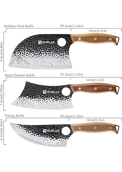 Bıçak Seti – 3’lü Et ve Mutfak Bıçağı: Sırp Şef Bıçak, Satır Bıçağı, Viking Bıçak – Ergonomik Ahşap Saplı, El Dövmesi Desenli, Paslanmaz Çelik fiyatları