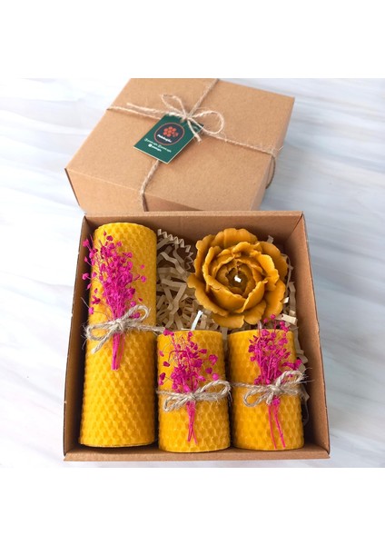 Mum Dekoratif Hediye Kutusu 4 Lü Set Petek Beeswax Candle Açmış Gül (Kırmızı Süslemeli Açmiş Gül)