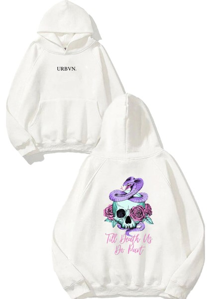 Till Death Tasarım Baskılı Oversize Beyaz Kapüşonlu Sweatshirt