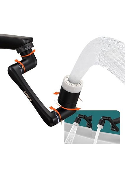 Siyah Musluk Başlığı, 1440 Döner Musluk Uzatması, Banyo Mutfak Çok Fonksiyonlu Musluk, Döndürülebilir Perlatörler, Evrensel Püskürtme Filtresi Musluğu, Çift Fonksiyonlu Püskürtme Regülatörü