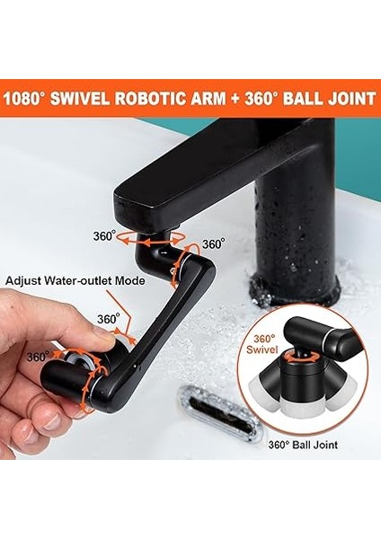 Siyah Musluk Başlığı, 1440 Döner Musluk Uzatması, Banyo Mutfak Çok Fonksiyonlu Musluk, Döndürülebilir Perlatörler, Evrensel Püskürtme Filtresi Musluğu, Çift Fonksiyonlu Püskürtme Regülatörü modelleri