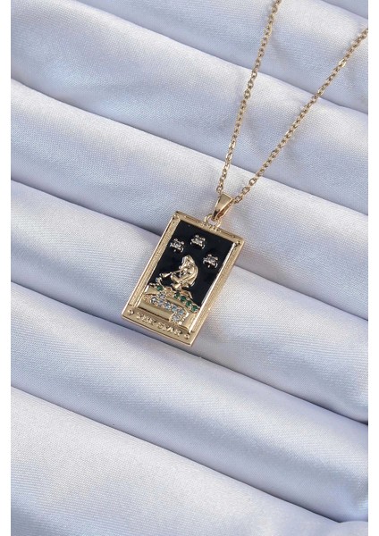 Bfs 316L Çelik Zincir Altın Renk Zirkon Taşlı Siyah Mineli Kız Figürlü Tarot Kolye