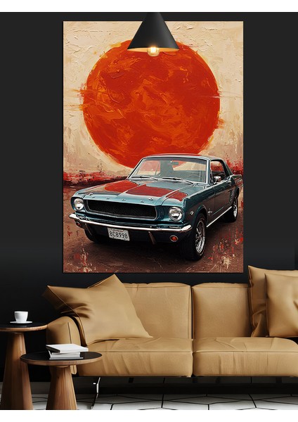 Kırmızı Gün Batımı Altında Park Etmiş Klasik Araba Dekoratif Kanvas - Mdf Ahşap Tablo