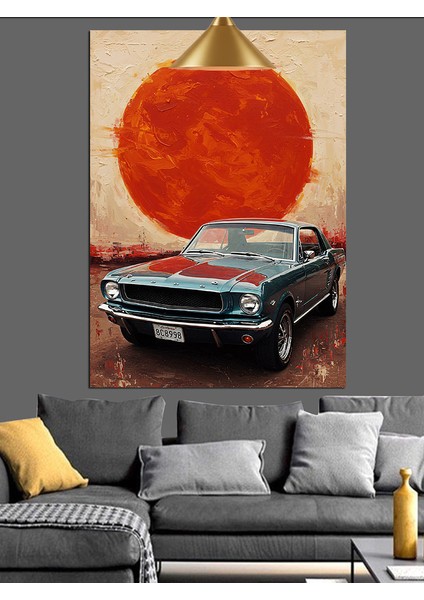Kırmızı Gün Batımı Altında Park Etmiş Klasik Araba Dekoratif Kanvas - Mdf Ahşap Tablo fiyatları