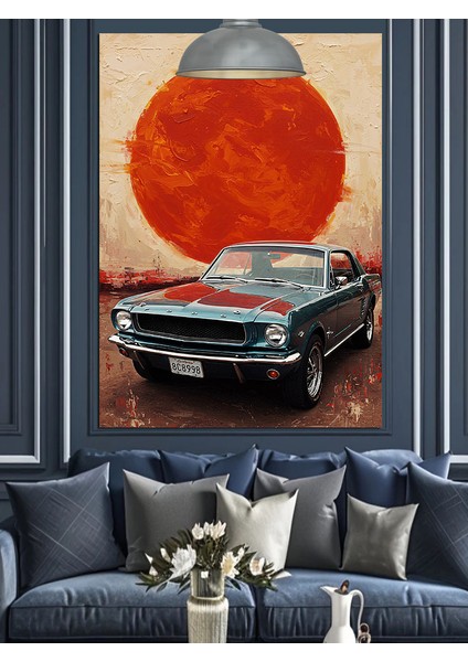 Kırmızı Gün Batımı Altında Park Etmiş Klasik Araba Dekoratif Kanvas - Mdf Ahşap Tablo modelleri
