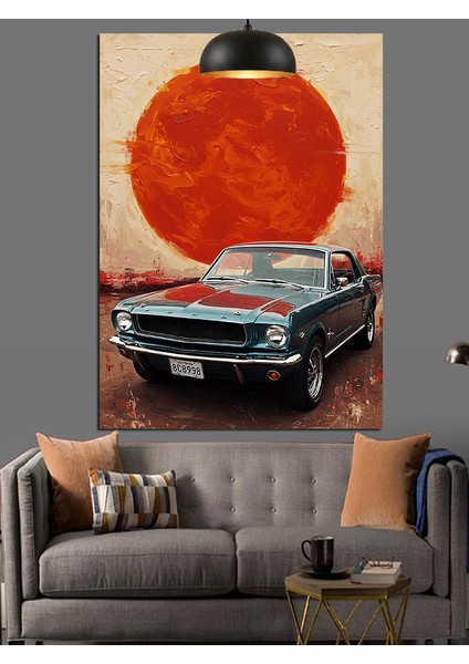 Kırmızı Gün Batımı Altında Park Etmiş Klasik Araba Dekoratif Kanvas - Mdf Ahşap Tablo fırsatları
