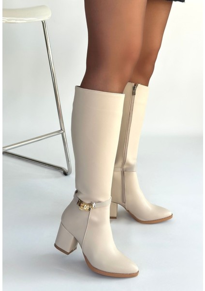 Bej Kadın Topuklu Çizme modelleri