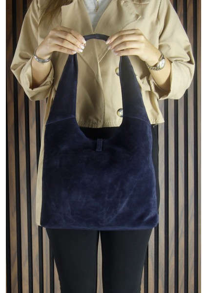 Lacivert Hakiki Dana Süet Püsküllü Manyetik Kapaklı Orta Boy Günlük Omuz Çantası fiyatları